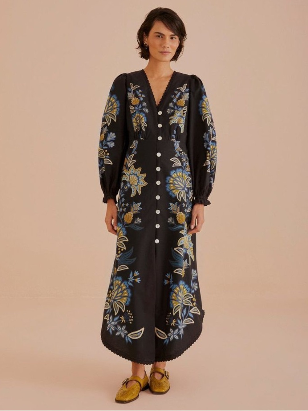 FARM Rio Black Stitched Garden Organic Cotton Midi Dress Size L - Picture 1 of 14